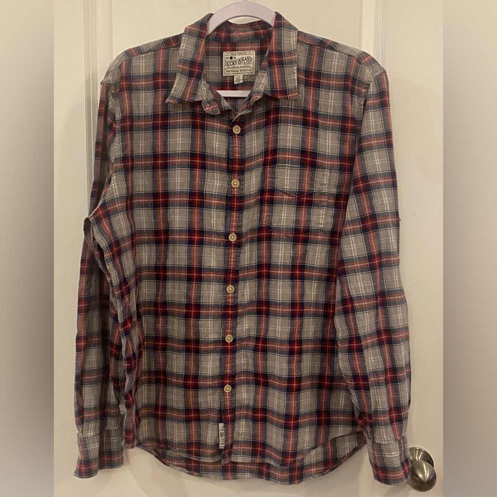 Lucky Brand Flannel Long Sleeve Button Up Sz L Gray Red Blue White Plaid